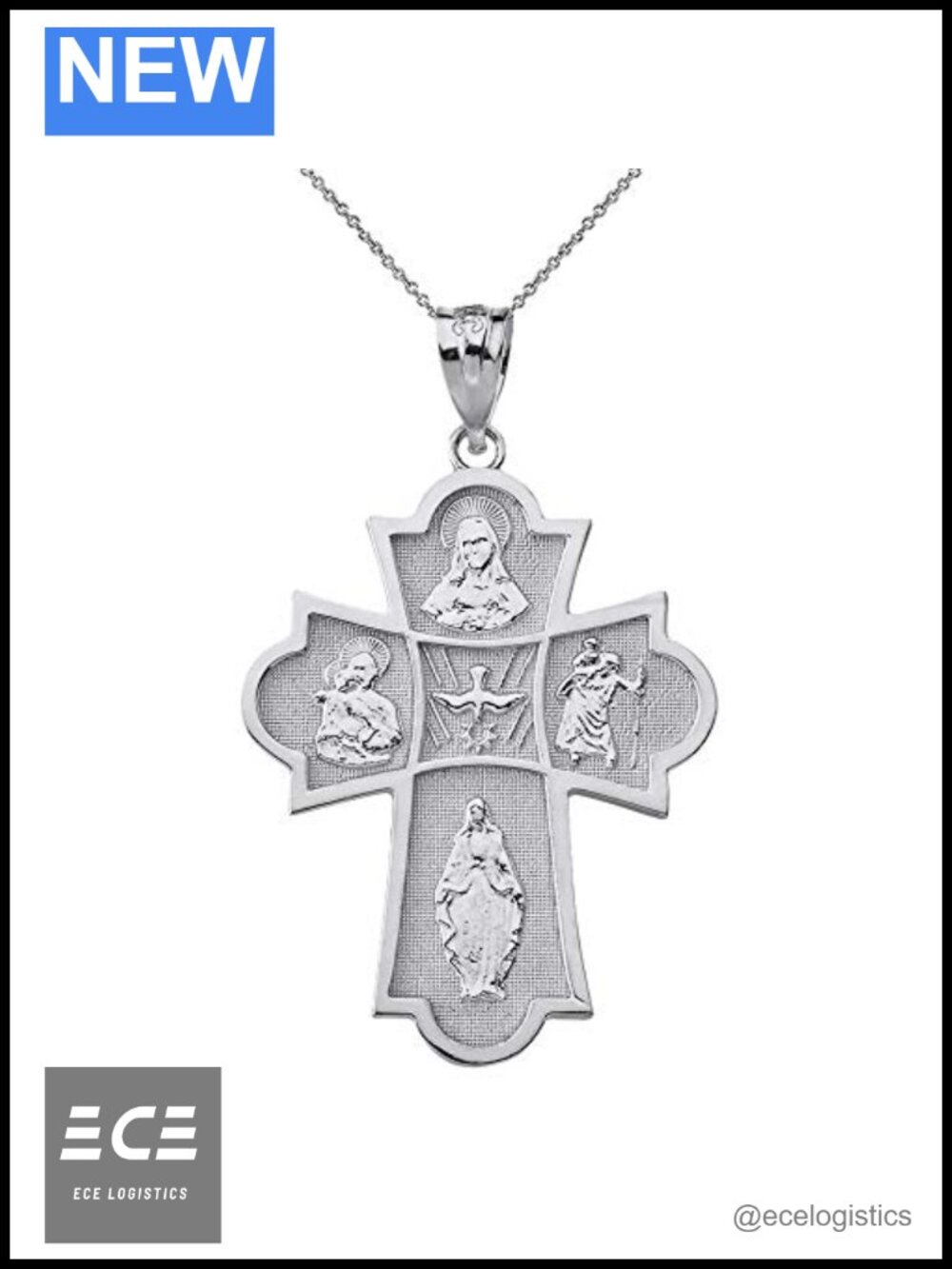 Sterling Silver Holy Spirit 4-Way Cross Medal Pendant Necklace